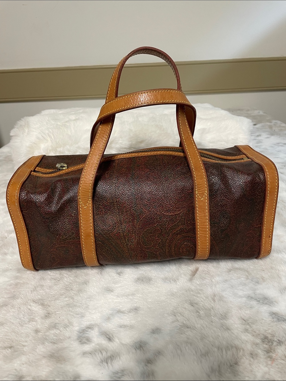 Etro Brown Paisley Structured Barrel Bag with Tan Leather Trim